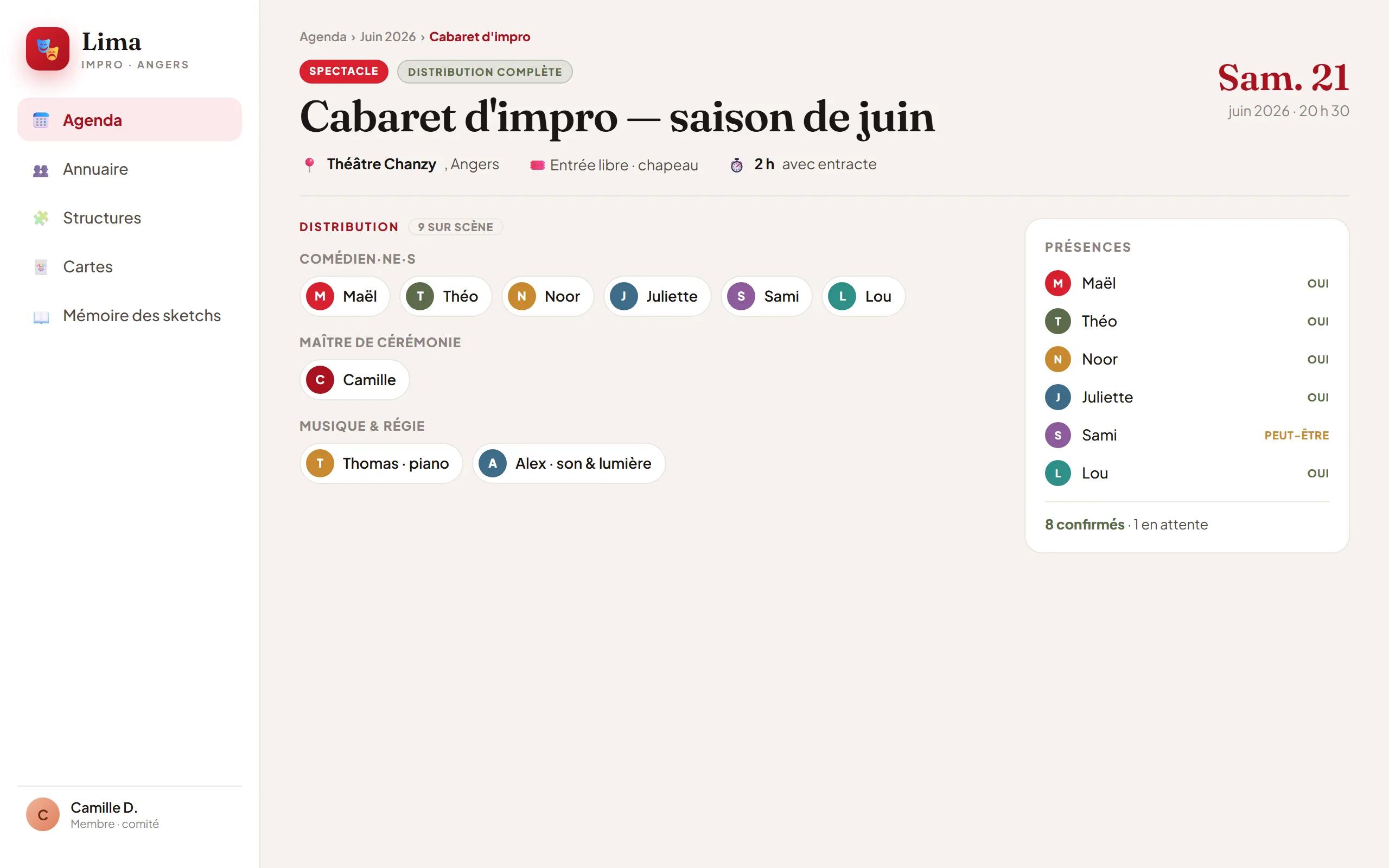 Aperçu de l'intranet Lima : la fiche d'un spectacle d'improvisation avec sa distribution (comédiens, maître de cérémonie, musique et régie) et les présences.