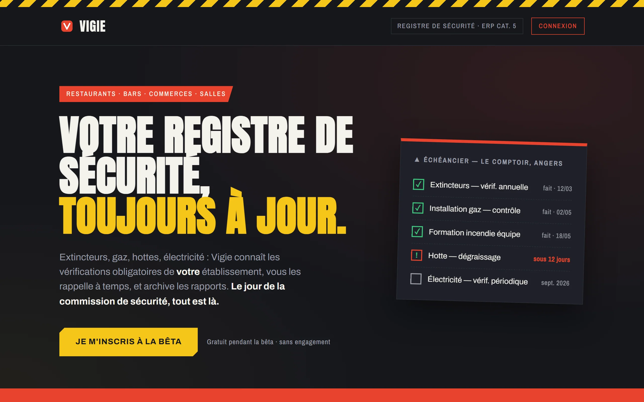 Landing de Vigie : « Votre registre de sécurité, toujours à jour », avec un échéancier de vérifications obligatoires.